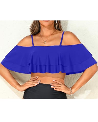 Women Ruffle Bikini Top Royal Blue Double Layer Flounce Swimsuit Off Shoulder Bathing Suit top Only L - Image 3