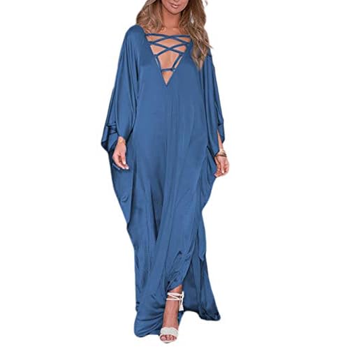 Bsubseach 2025 Long Kaftan Dresses Muumuu Plus Size V Neck Vintage Caftan Coverup Sexy Satin Dress E-blue One Size