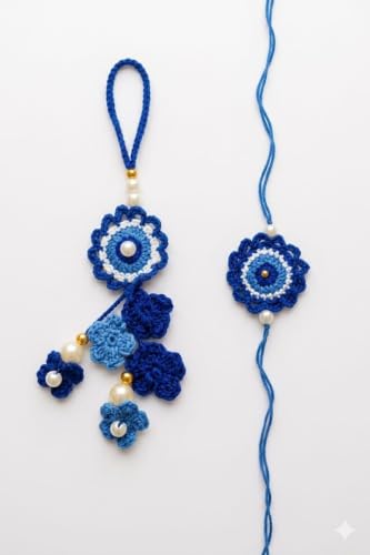 Image of Handmade Crochet Evil Eye Rakhi and Lumba Set