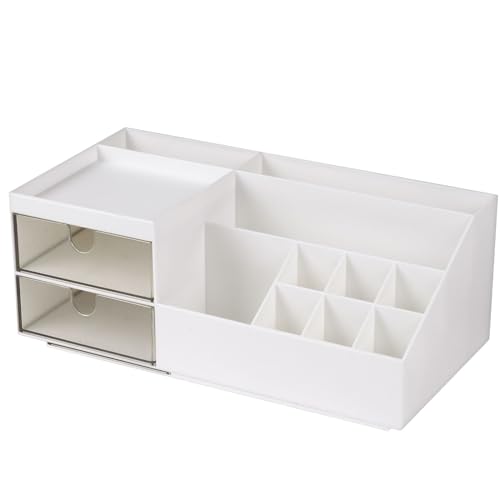 URAQT Make Up Organizer, Kosmetik Organizer mit 2 Schubladen und 10 Fächern, Makeup Organizer Schminke und Skincare Kosmetik Aufbewahrung, Schminktisch Organizer für Schminktisch Bad und Schlafzimmer