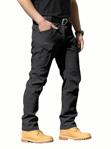 FLYFIREFLY Men's Tactical Cargo Pants Water Resistant Ripstop Outdoor Quick Dry Hiking Work Pants with Pockets(No Belt) Black