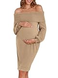 V FOR CITY Maternity Sweater Dress Off The Shoulder Baby Shower Cocktail Puff Sleeve Bodycon Winter Dresses Tan Medium