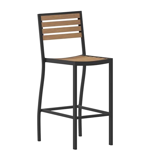 Flash Furniture Lark Commercial Grade Bar Height Stool, All-Weather Outdoor Bar Stool with Faux Wood Poly Resin Slats and Aluminum Frame, Teak