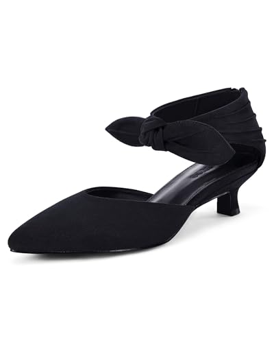 Coutgo Womens Low Kitten Heels Dress Shoes Closed Pointed Toe Bowknot Ankle Strap D'Orsay Zipper Pumps