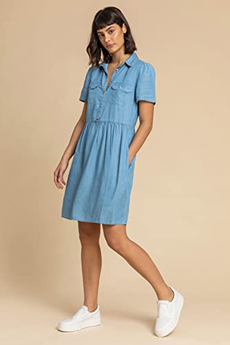 Roman Originals Women Denim Buttoned Shirt Dress - Ladies Spring Everyday Summer Evening Vacation Work Holiday Short Sleeve Smart Casual - Light Blue - Size 10 #TOP2