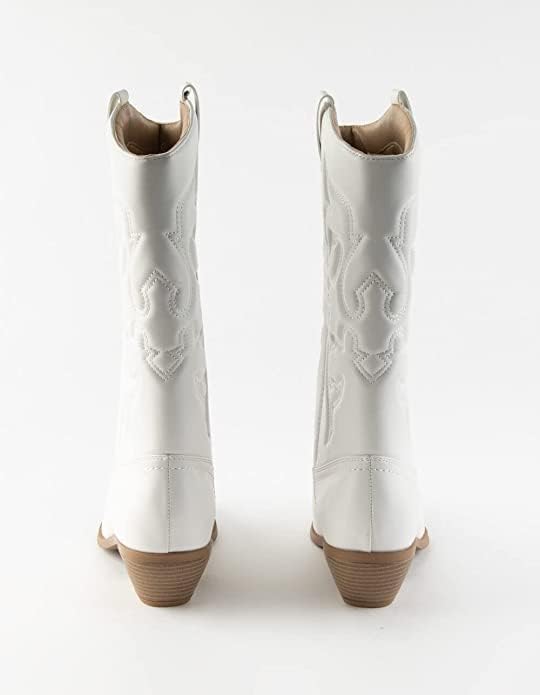 Soda RENO ~ Women Western Cowboy Stitched Pointe Toe Low Heel Ankle Mid Shaft Fashion Boots White/Beige Pu 6.5 - Image 5