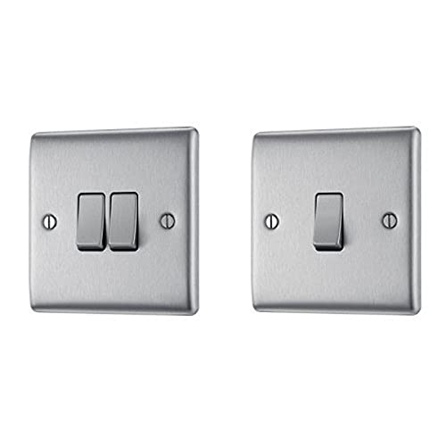 BG Electrical NBS42 10 A 2-Gang 2-Way Metal Brushed Steel Light Switch, Brushed Steel + NBS12 10 A 1-Gang 2-Way Metal Brushed Steel Light Switch, Brushed Steel