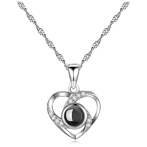 Grancey 925 Sterling Silver Personalised Photo Projection Necklace I Love You Necklace 100 Languages ​​Heart Pendant Memory of Love in Rose Gold Jewelry for Mother Girlfriend Family Cover