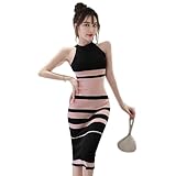 [GRAXIA] 【グラシア】キャバドレス ミディアムドレス ニットワンピース アメリカンスリーブ ノースリーブ キャバ嬢 キャバクラ ラウンジ 伸縮性 膝丈 レディース ピンク×ブラック フリーサイズ