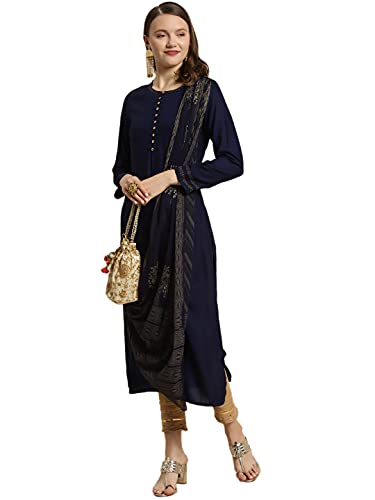 Image of Juniper Women's Rayon Kurta with Chiffon Drape