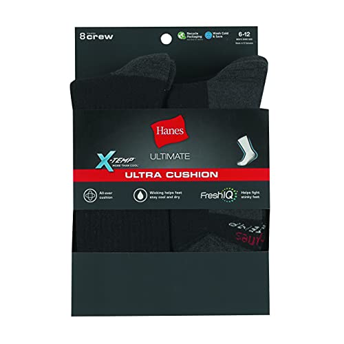 Image of Hanes mens Max Cushioned Crew Socks, Moisture-wicking With Odor Control, Multi-packCrew Sock