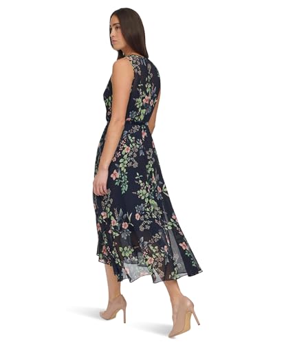 Image of Tommy Hilfiger Women's Sleeveless Keyhole Neck Chiffon Belted Hi-Lo Midi Dress