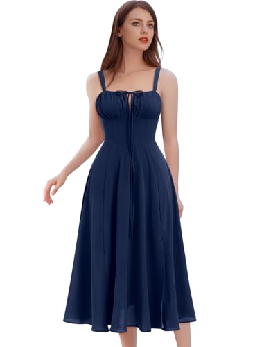 Image of Women Floral Corset Dress 2026 Boho Midi Sundress Summer Dress | Flowy A-Line Dress with Adjustable Spaghetti Straps Lace Up Back Front Slit High Waist for Vacation Wedding Guest