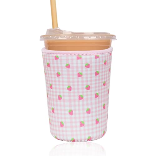 Image of Reusable Insulated Sleeve for Iced Coffee Cup, Coffee Neoprene Sleeve for Cold & Hot Drinks, Beverage Holder for Iced Coffee (Strawberry Grid, Medium: 22-24oz)