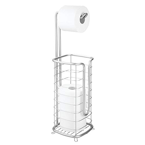 mDesign Metal Free Standing Toilet Paper Holder Stand and Dispenser, with Storage