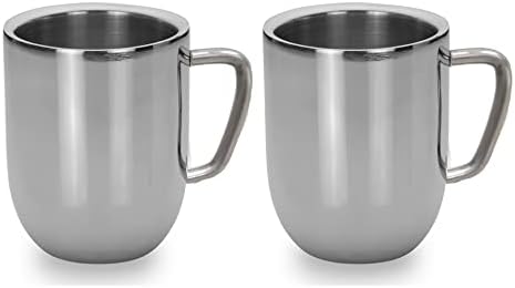 Da cucina Stainless Steel Double Walled Coffee Mug with Comfortable Handle for Hot & Cold Drinks Mirror Finish Lightweight Travel Tea Cup Mugs for Camping ( 200 ML, Set of 2)