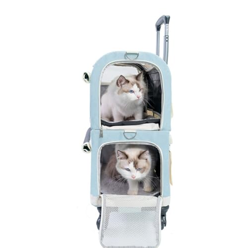「FLYKING」ペットキャリーカート 折りたたみ式 2層構造 猫2匹用多頭飼い対応 大容量、取り外し可能、中型犬にも使える 通気性 丈夫なフレーム 変形防止設計 ポータブルケージ 散歩/旅行/お出かけに (ブルー)
