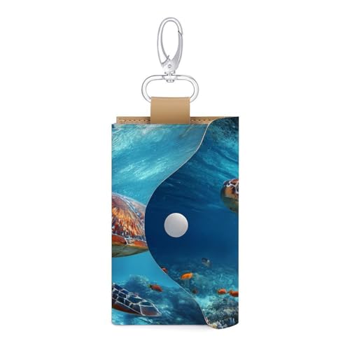 Majestic Sea Turtle Key Holder Bag PU Leather ID Card Holder Keychains Case Cover for Men Women