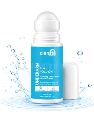 Clensta Underarm Roll-On Deodorant For Women & Men | 48H Odour Control, Brighter Underarms | Reduces Hair Regrowth | Lactic Acid 2%, Glycolic Acid 2% | Alcohol-Free, Non-Sticky | 50ml