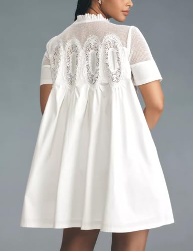 Image of Shiyifa Womens Babydoll Lace Patchwork Dresses Summer Short Sleeve Ruffle Sundress Loose Crew Neck A-Line Dresses