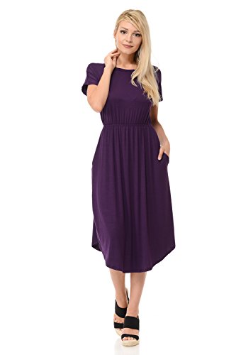 iconic luxe Women's Solid Short Sleeve Flare Midi Dress with Pockets Large Eggplant
