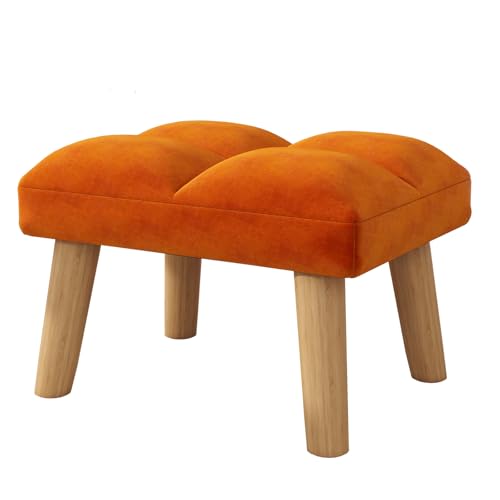 YMYNY Reposapiés, Otomanas, Pequeño Taburete Otomano con Patas de Madera, Moderno Asiento Acolchado, Taburete de Terciopelo, Puf Sofá Taburete para Sala de Estar 40 × 30 × 27CM Naranja HBD032J