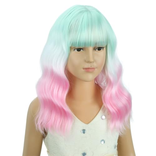 Image of Colorful Wig for Women Green White Pink Ombre Wig with Bangs Adult Short Wavy Curly Wigs Synthetic Cosplay Hair Wigs