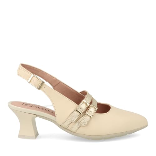 PITILLOS - Zapato clásico,salón Destalonado con Puntera Fina,tacón Ancho,Piel,con Suela de Goma,2 Hebillas, para: Mujer Color: Crema Talla:39