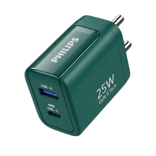 Image of Philips DLP4321NC /94 Gen III Tech 25W Fast Charging Wall Charger (Deep Cyan) | USB-C PD + USB-A | 2-Port Multi-Device Charger for Smartphone, Tablet, Earbuds & Accessories | Compact Travel Adapter
