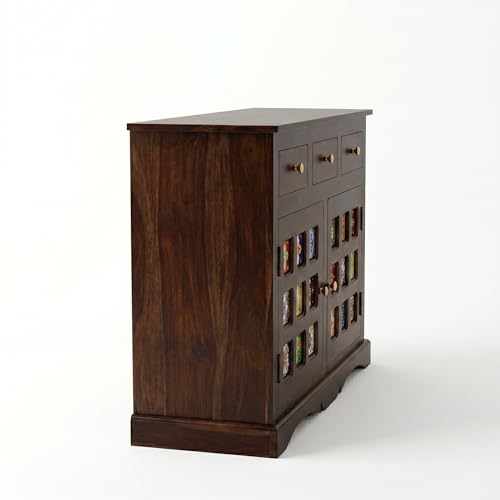 Image of SONA ART & CRAFTS Mini Tile Solid Sheesham Wood Sideboard Cabinet Storage Organizer with 2 Door & 3 Drawer Cabinet for Home Living Room & Bedroom Multi Shelves Cabinets Hallway Dinning (Walnut Finish)