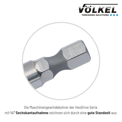 VÖLKEL HexDrive Maschinengewindebohrer (Sechskantaufnahme) 1/4 Bit | HSS-E | M5 | DIN371 | Form C / 15°RSP | Metrisches Gewinde | Sackloch | Gewindeschneider