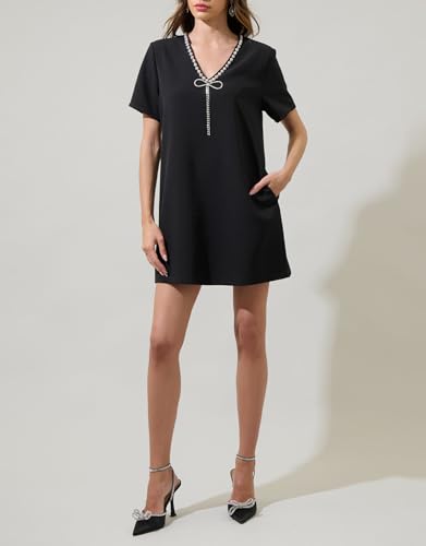 Women's V Neck Shift Mini Dress Short Sleeve Bow Glitter Rhinetone Dress Sexy Party Cocktail Short Dress3