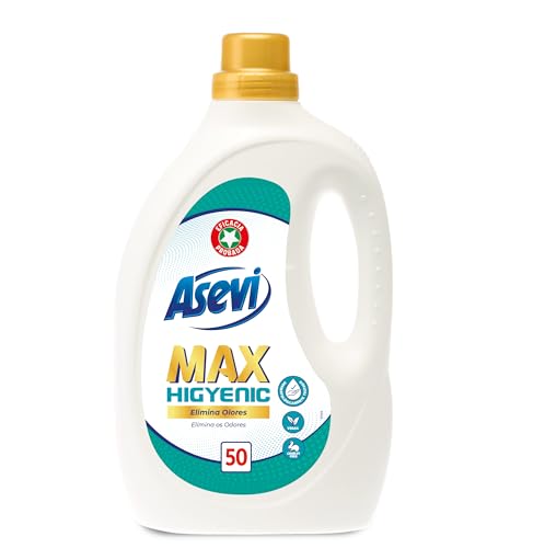 Asevi Detergente Líquido para Lavadora Max Higyenic - Detergente Hipoalergénico Concentrado para Ropa Blanca y de Color - Elimina las Manchas y los Malos Olores para una Ropa Limpia - 50 Lavados
