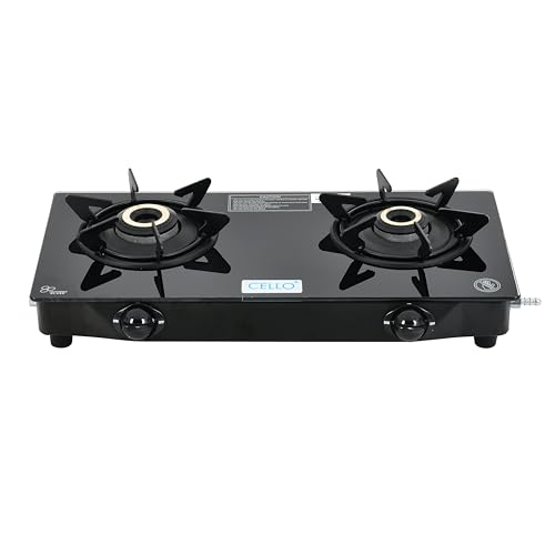 Cello DEZIRE PRO PLUS 2 Burner Gas Stove | Manual Ignition | Direct Flame Brass Burners | 6mm Toughened Glass Top | Hexa Pan Supports | ISI Certified | LPG | 1Yr Warranty