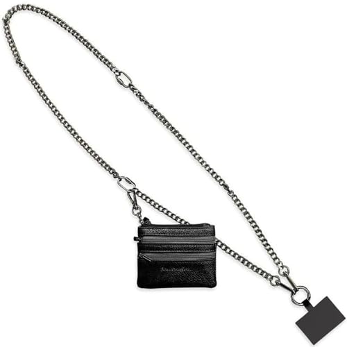 Save the Girls Clip and Go Phone Metal Chain with Pouch (Gun Metal - Black Pouch) Stylish Phone Lanyard Crossbody with Wallet for Women Hands-Free Carrying and Adjustable Crossbody Chain Strap