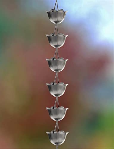 Monarch Rain Chains 18023 Aluminum Lotus Large Cup Rain Chain, 8-1/2 Feet Length Replacement Downspout For Gutters, Pewter #TOP7