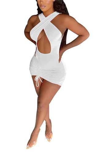 LROSEY Women's Sexy Bodycon Sleeveless Mini Dress Birthday Party Club Criss Cross Ruched Halter Dresses White