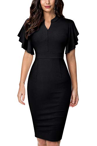 HOMEYEE Damen Elegant V-Ausschnitt mit Rüschen Sleeve Stretch Party Kleid B572 (XL, Schwarz)