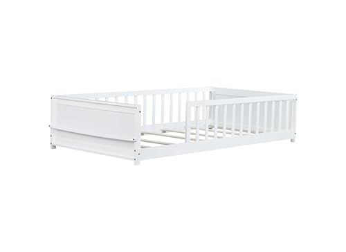 Image of Twin Size Kids Montessori Floor Bed,Twin Floor Bed Frame with Slats and Bookcase,Solid Wood Montessori Bed for Girls Boys,White