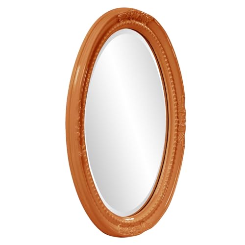 Image of Howard Elliott Collection Queen Ann Oval Glossy Orange Wall Mirror, Oval Bevelled Hanging Wood Framed Vanity Mirrors for Home Decor, Living Room, Bathroom, Bedroom, or Hallway, 25 x 33 Inch
