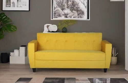 Image of Velvet Fabric & Wooden 3 Seater Sofa with Cushions for Living Room Office and Hotel Furniture (Yellow, 3 Seater)