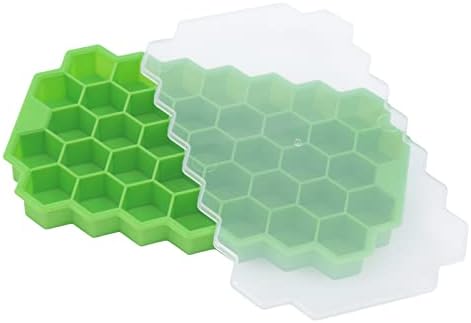 Ice Cube Tray, 37 Cubes Honeycomb Shaped Silicone PP Ice Cube Mold for Freezer with Lid, Stackable, Anti-spill & Easy Release for Whiskey Cocktail (Green)