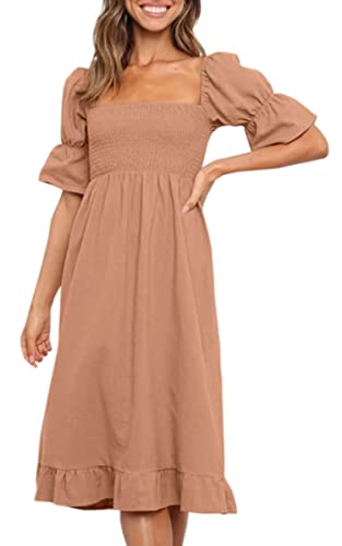 Angashion Women Square Neck Dress Solid Short Puff Sleeve Smocked Waist Knee Length Ruffle Summer Midi Dresses Gray Khaki Small Angashion Women Square Neck Dress Solid Short Puff Sleeve Smocked Waist Knee Length Ruffle Summer Midi Dresses Gray Khaki Small