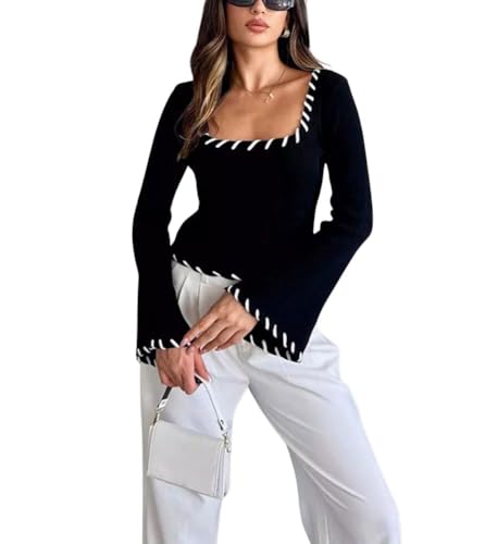 chouyatou Women's Sexy Square Neck Cropped Sweater Contrast Trim Bell Long Sleeve Pullover Slim Fit Sweater Tops