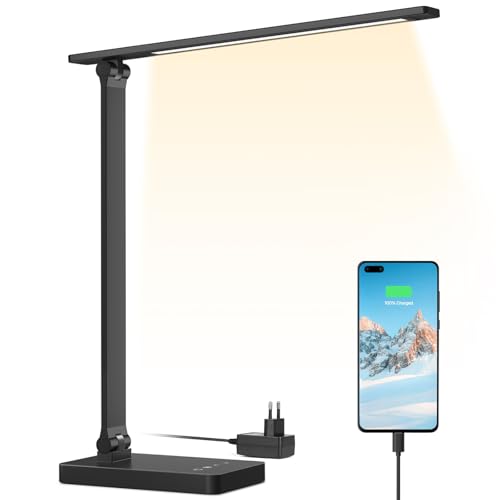 Lepro Lampada da Tavolo LED 15W, Lampada da Scrivania USB Ricaricabile, 3 Colori e 5 Livelli di Luminosità, Dimmerabile, Luce da Lettura Protezione degli Occhi per Ufficio, Camera, Nero