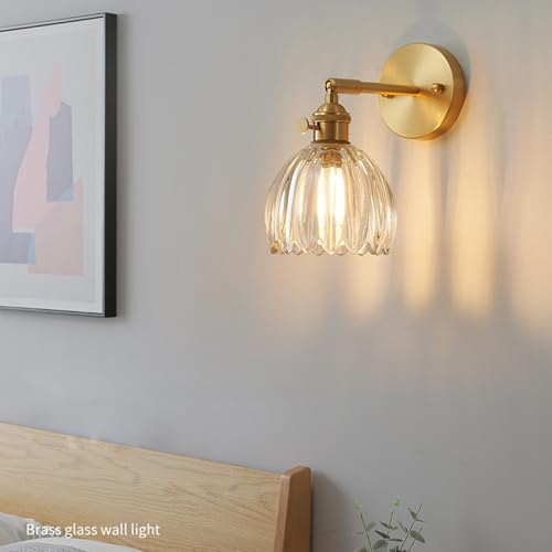 Image of Vintage Wall Sconces with Gold Finish, Adjustable Arm, Ribbed Glass Shadewall Light fixtures Wall Lights for Bedroom, Living Room, Hallway, or Bathroom (Amber)