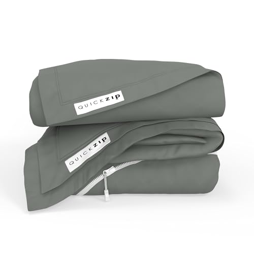Image of QuickZip Fitted Plus Spare Bundle: 1 Fitted Sheet (Base + Zip Sheet) & 1 Zip Sheet - Easy to Change, Won't Pop Off - Soft Sateen 400 TC 100% Cotton - 15 inch Deep Pockets RV King Size - Slate Gray