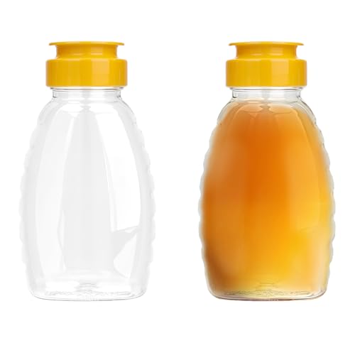 2Pcs Clear Plastic Honey Bottles Honey Squeeze Jar Empty Refillable Food Grade Honey Container with Flip Top Lids Leakproof Squeeze Honey Bottle No Drip Lids Condiment Container for Storing Dispensing