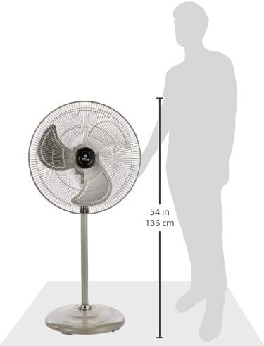 Sona 20-inch Power Stand Fan next to a person for size comparison, showing 54 inches or 136 cm height