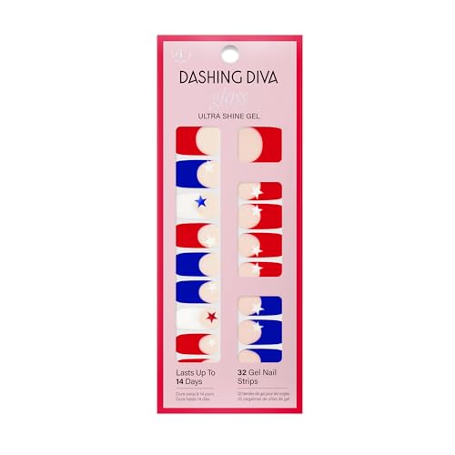 Dashing Diva Patriotic Gloss Nail Strips - All American - UV Free, Chip Resistant, Long Lasting Gel Nail Stickers - 3-Piece Manicure Set - Contains 32 Wraps, 1 Prep Pad, 1 File